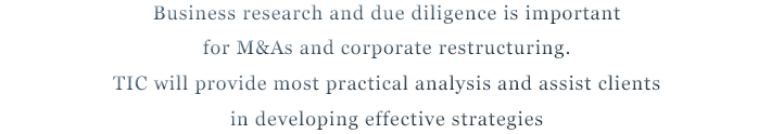 Business research and due diligence is important for M&As and corporate restructuring. TIC will provide most practical analysis and assist clients in developing effective strategies